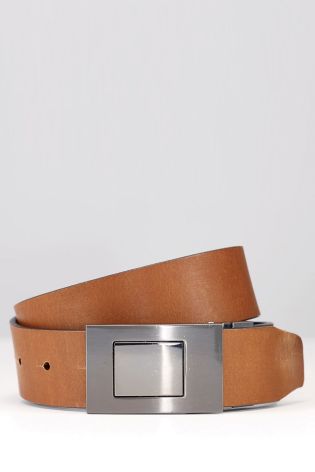 Tan and Black Leather Reversible Plaque Belt